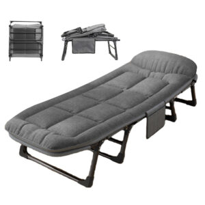 Gray Padded Folding Camping Cot with Side Storage Pocket, Adjustable Reclining Portable Sleeping Bed for Office Nap, Outdoor Camping, Guest Rest, Foldable Compact Design
