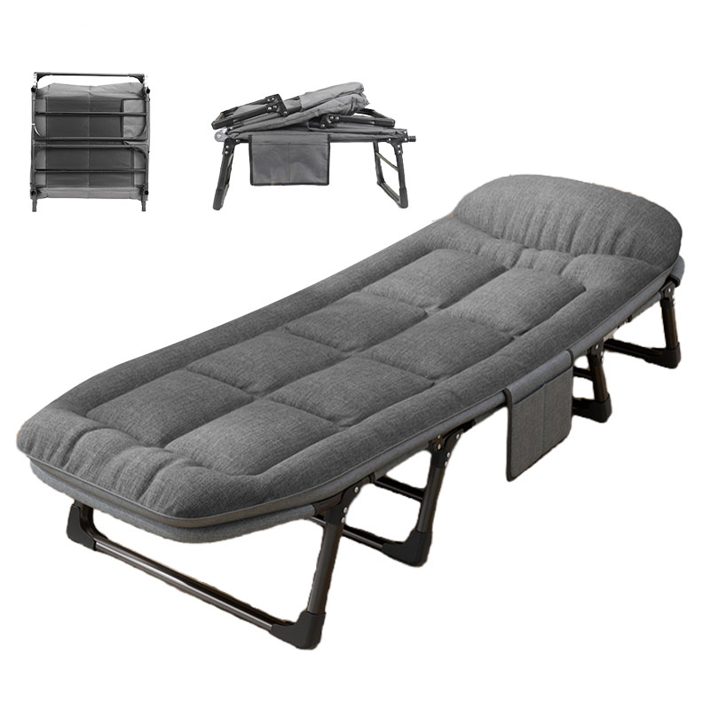 Gray Padded Folding Camping Cot with Side Storage Pocket, Adjustable Reclining Portable Sleeping Bed for Office Nap, Outdoor Camping, Guest Rest, Foldable Compact Design