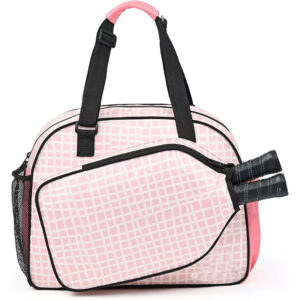 Pink grid patterned handheld sports duffel bag with external racket slot and mesh side pocket for athletic equipment