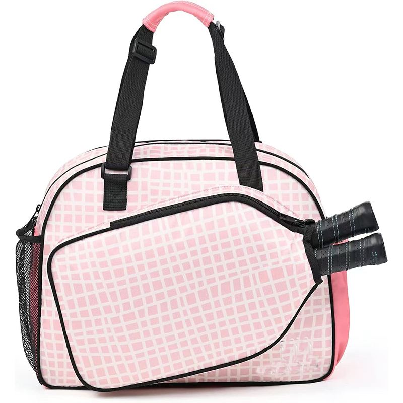Pink grid patterned handheld sports duffel bag with external racket slot and mesh side pocket for athletic equipment