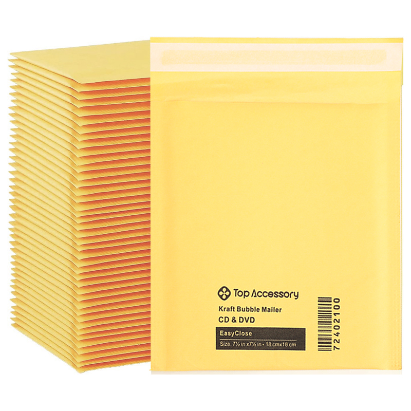 Stack of yellow kraft bubble padded mailers with self-sealing adhesive strip, shock-resistant shipping envelopes used for safely packaging small items during e-commerce mailing and logistics delivery