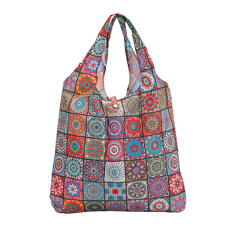 Ethnic Tile Print Foldable Reusable Eco Shopping Tote Bag Multiple colorful ethnic mosaic tile print foldable reusable shopping bags in unfolded and folded state