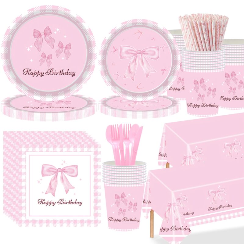 Pink bow themed disposable birthday tableware set with plates, cups, napkins and tablecloth, delicate party supplies prepared for girls' birthday home celebration events