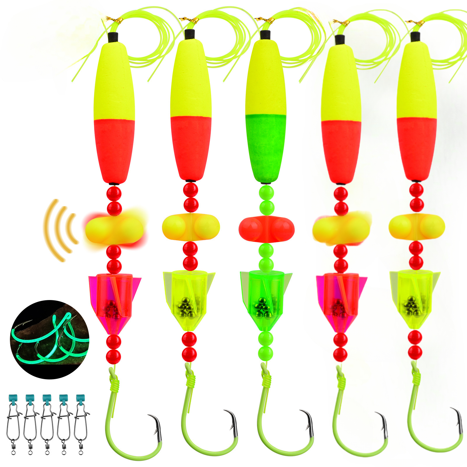 2025112209544885311 1PCS Luminous rotating fishing hook set: fluorescent design with ring beads, flexible adjustment of Hook spacing, strong penetration to lock the fish, fishing efficiency directly full! - Image 1