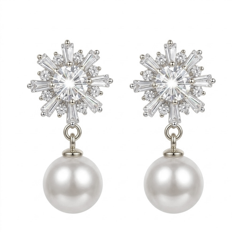 Snowflake Zircon Pearl Drop Earrings | Sparkly Floral Bridal Jewelry for Wedding & Formal Occasions Sunburst Snowflake Cubic Zirconia Stud Drop Earrings with Round Pearl Pendant, Elegant Floral Bridal Jewelry for Wedding Banquet