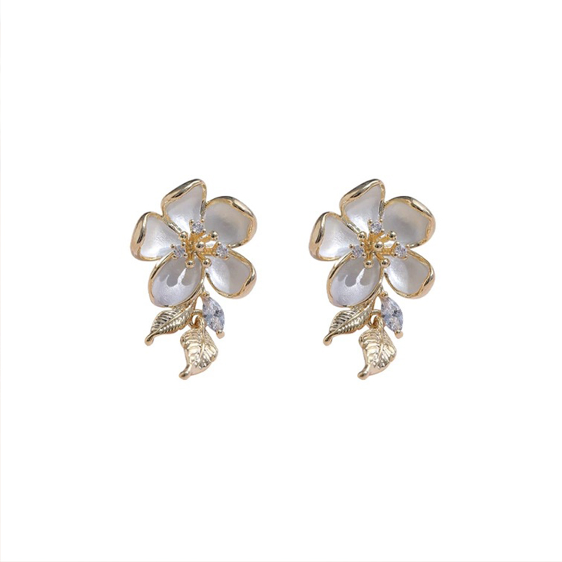 Romantic White Flower Zircon Drop Earrings with Gold Leaves White enamel five-petal flower drop earrings with gold leaves and teardrop zircon, romantic S925 silver jewelry for daily dating and wedding outfits