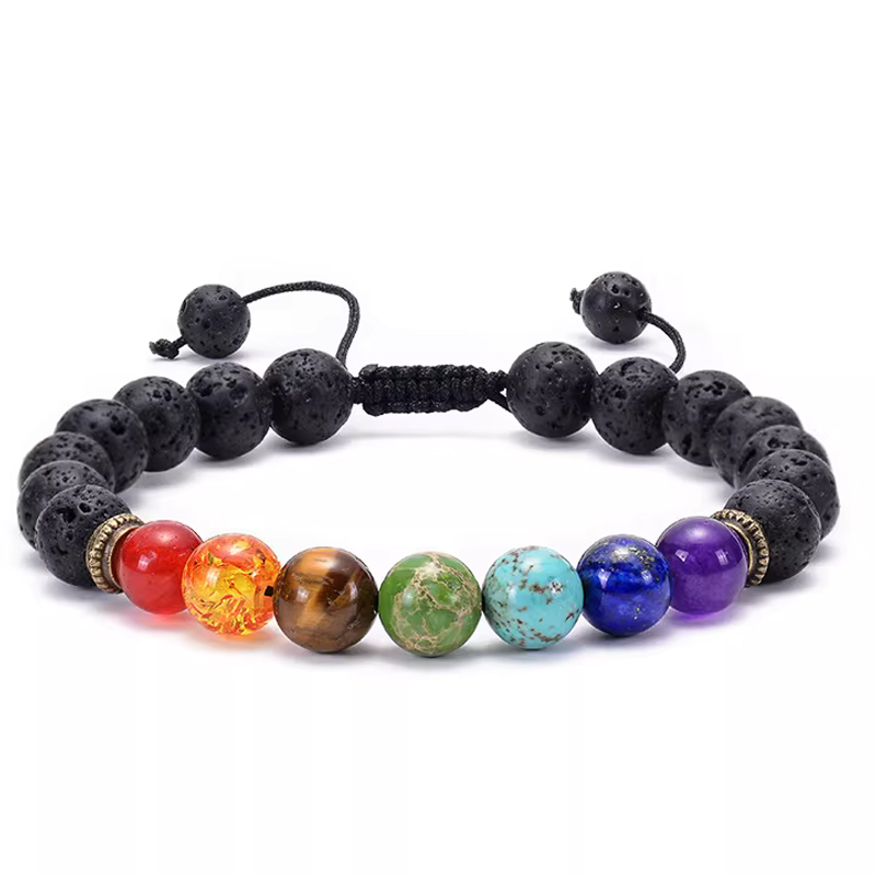 Adjustable Braided 7 Chakra Lava Rock Diffuser Bracelet Natural Healing Crystal Stone Beaded Wristband for Yoga Meditation Stress Relief Adjustable Braided Black Lava Rock Beaded Bracelet with 7 Chakra Healing Crystal Stones for Meditation Aromatherapy Stress Relief