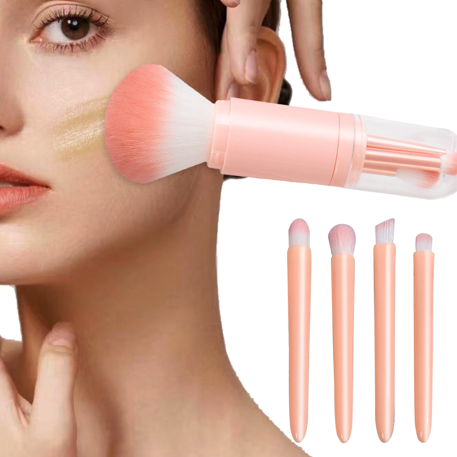 5 Four-in-One Portable Makeup Brush Set - Stretchable Travel Version - Lip Brush, Eyeshadow Brush, Highlighter Brush, Cheek Brush, All-in-One - Image 1