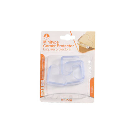 Blister pack containing four transparent L-shaped plastic baby safety anti-collision furniture corner protectors