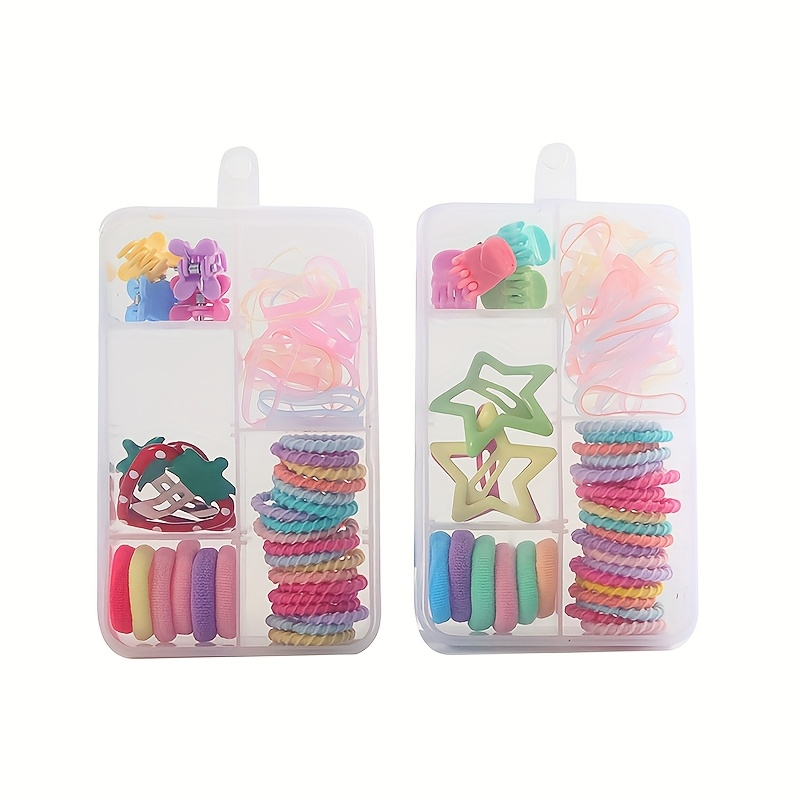 Kids Assorted Hair Accessories Set, Colorful Hair Ties, Barrettes, Snap Clips with Divided Storage Box Assorted colorful girls hair clips and hair ties set in clear compartment storage case