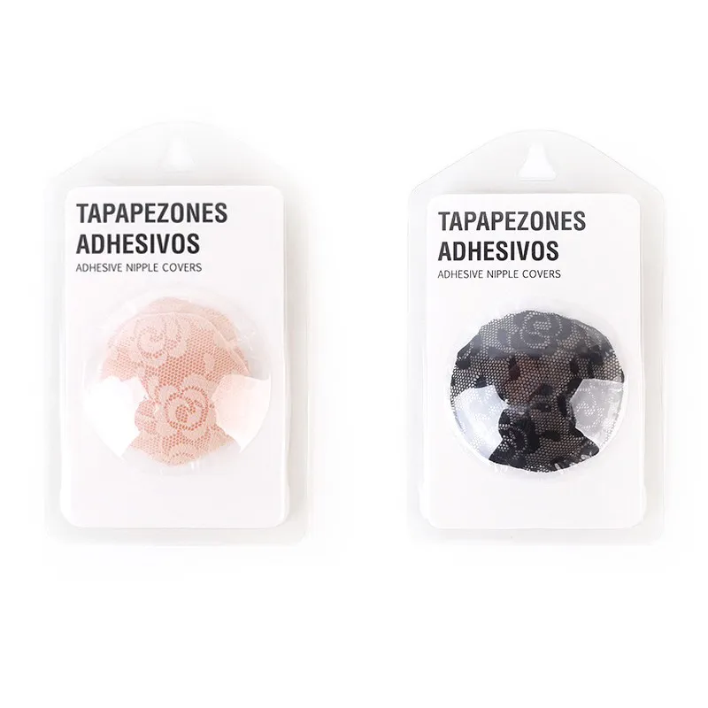 Lace Adhesive Nipple Covers, Black & Nude Invisible Pasties for Strapless Outfits Packaged nude and black floral lace adhesive invisible nipple cover pasties on white background