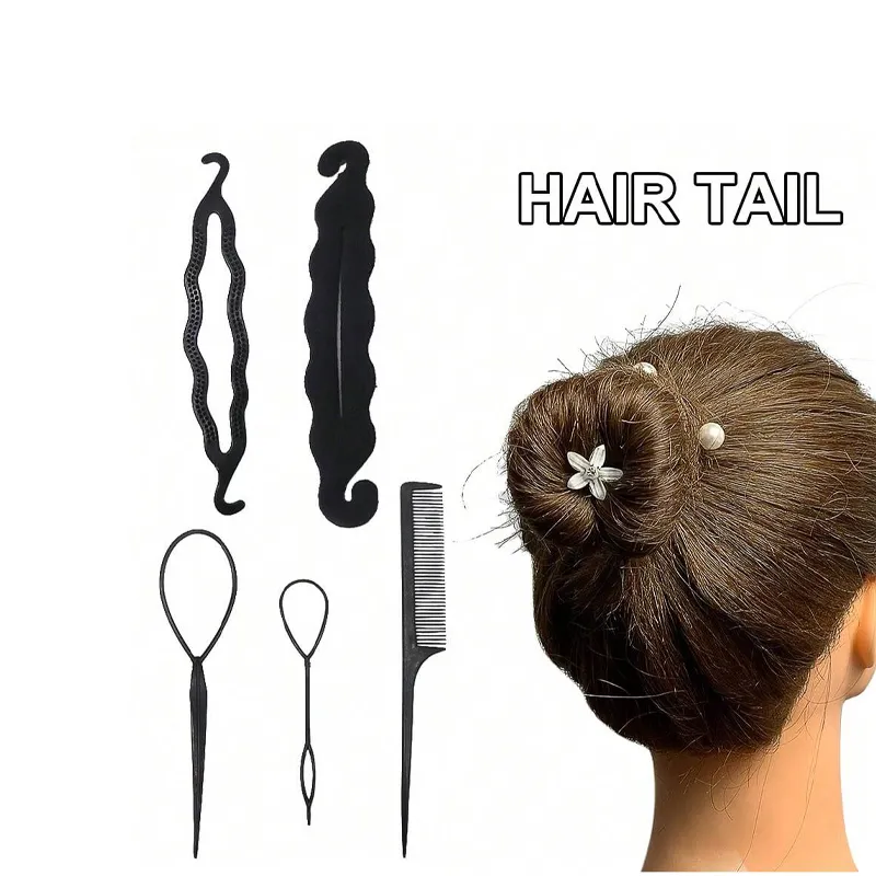 5Pcs Hair Braiding Styling Tools Set, Ponytail Bun Maker Hair Accessories Five-piece black plastic hair braiding tools set with bun maker, loop turners and parting comb, paired with finished bun hairstyle display