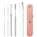 Six different stainless steel ear wax removal tools set with pink snap leather storage case for personal ear care cleaning