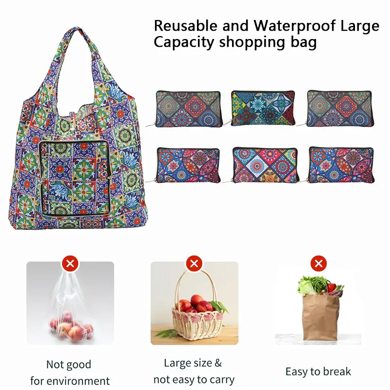 Zipper Foldable Shopping Bag Vintage ethnic printed foldable zipper reusable shopping bag, folds into small zipper pouch for grocery shopping, travel and daily errands