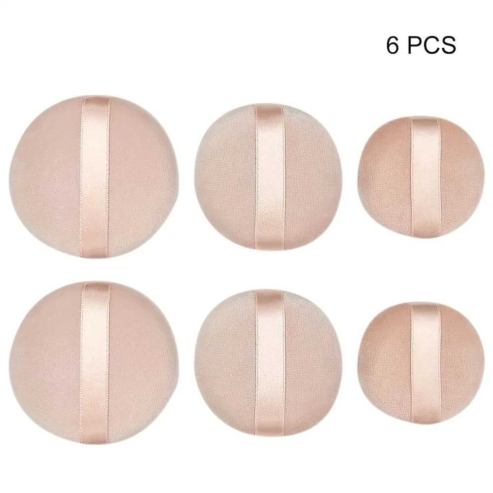 6Pcs Dual Use Round Makeup Powder Puffs, Dry & Wet Cosmetic Applicator Sponges Six beige velour round powder puffs with ribbon band, dual-purpose dry wet makeup applicators for face foundation and loose powder