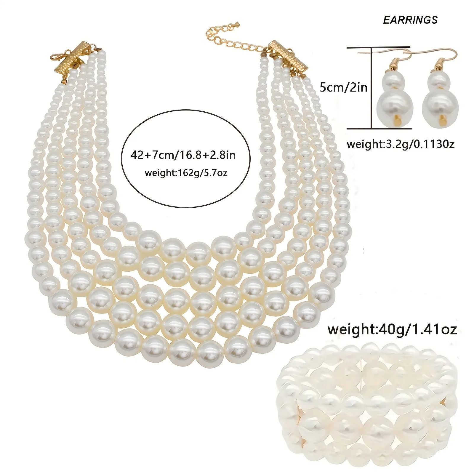 4Pcs Multi Layer Faux Pearl Jewelry Set, Necklace Bracelet Earrings Wedding Jewelry Multi-color five layered chunky faux pearl jewelry set with bib necklace, stretch bracelet and matching dangle earrings for wedding and formal party wear