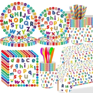 Rainbow alphabet letter printed disposable party tableware set for birthday party decoration