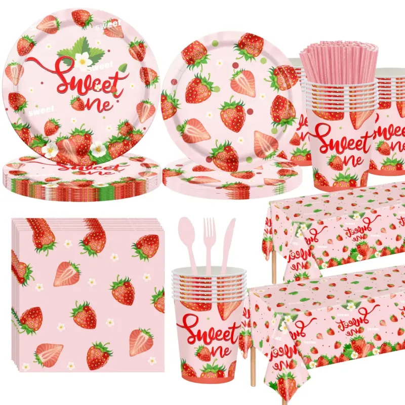 Pink Sweet One strawberry printed disposable tableware kit for girl first birthday party decoration