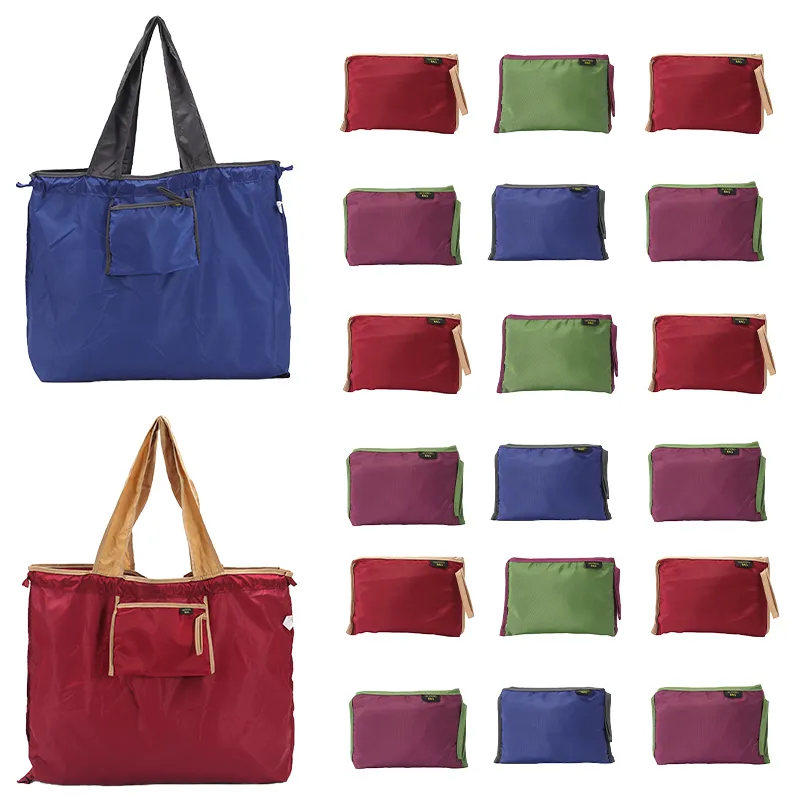 Foldable Reusable Shopping Tote Multi-color foldable drawstring reusable shopping tote bag with outer zipper pocket, folded compact design for grocery and travel use