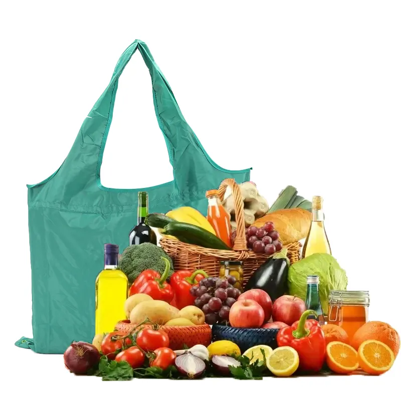 Foldable Reusable Large Grocery Shopping Tote Bag Reusable Foldable Green Polyester Grocery Tote Bag, Large Capacity Shopping Bag for Vegetables Fruits Market Shopping