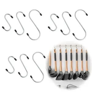 Assorted size silver anti-slip metal S hooks set with rubber tip ends, displayed hanging kitchen utensils for storage demonstration