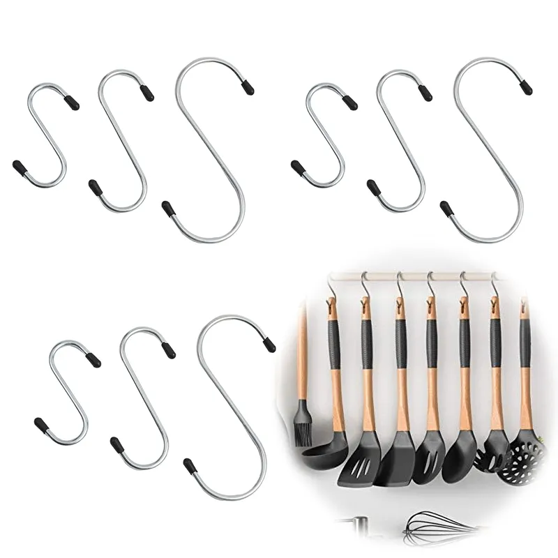 Multi-Size Anti-Slip S Hooks Assorted size silver anti-slip metal S hooks set with rubber tip ends, displayed hanging kitchen utensils for storage demonstration