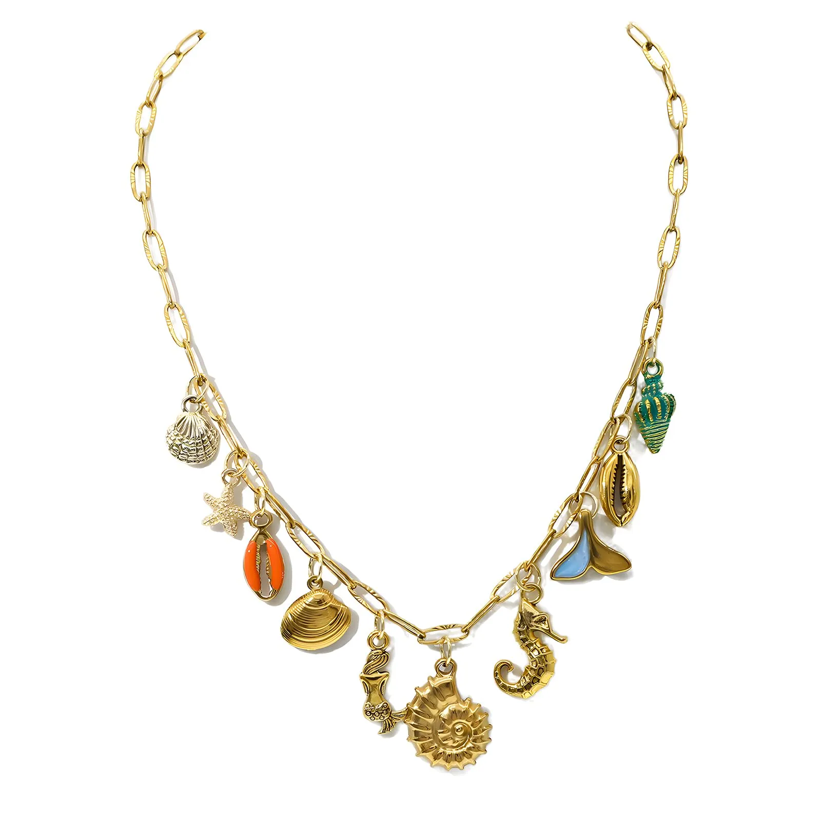 Gold paperclip chain necklace with assorted ocean-themed shell, seahorse, starfish and mermaid tail charms Gold paperclip chain necklace with assorted ocean-themed shell, seahorse, starfish and mermaid tail charms