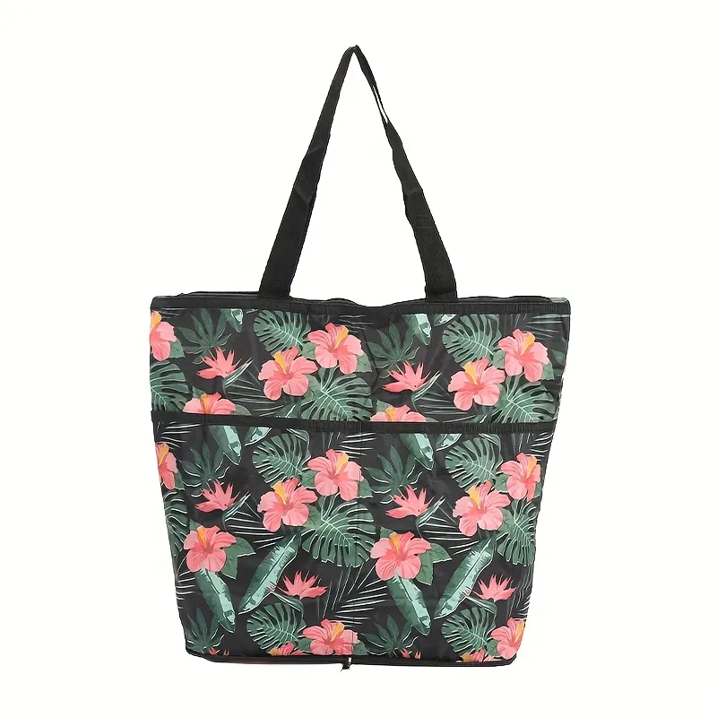 Foldable Printed Reusable Shopping Tote Bag Multi-style floral printed foldable reusable shopping tote bag with front outer pocket and carry handles