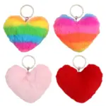 4 Styles Fluffy Heart Pom Pom Keychains, Rainbow & Solid Color Plush Heart Bag Charms for Handbag Key Ring Decor