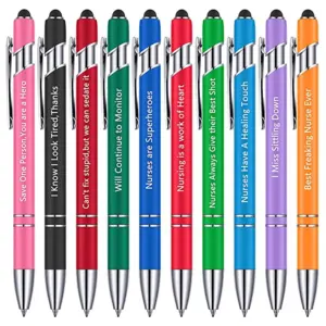 Multicolor metal click ballpoint pens with funny nurse inspirational quotes, built-in stylus tip for touchscreen use, bulk gift set for nursing staff