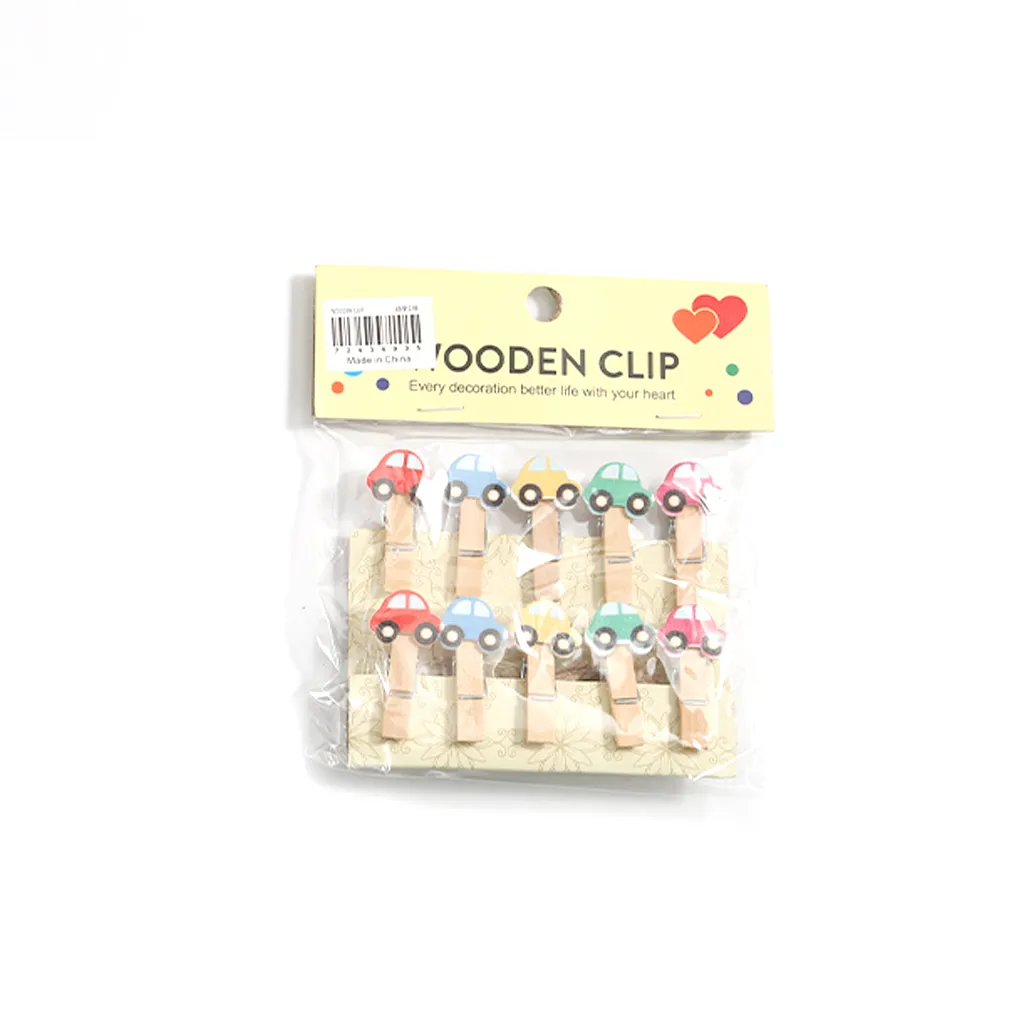 Decorative Wooden Craft Clips Set Assorted decorative wooden clips including solid multicolor style and cartoon car printed style for photo and craft decoration