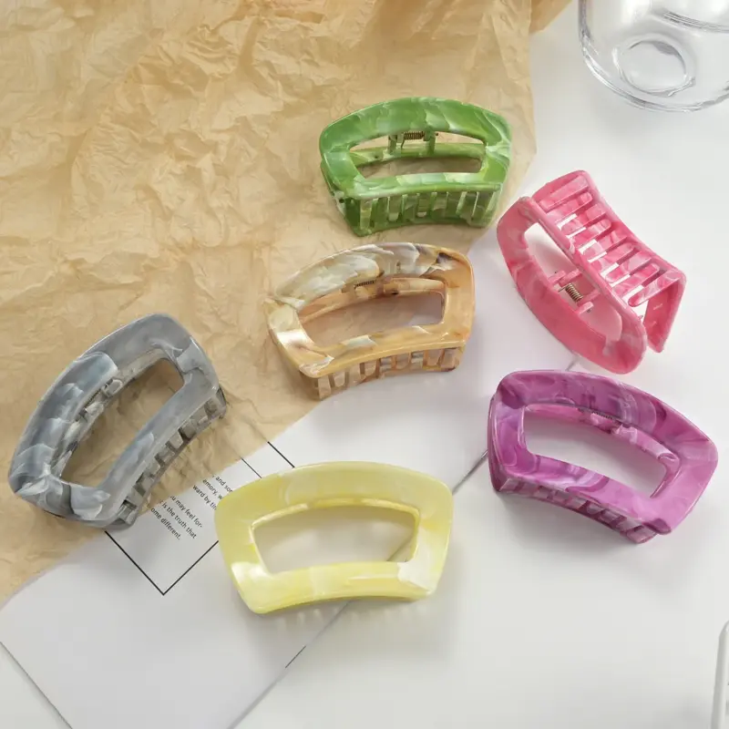 Multicolor hollow rectangle marble patterned large hair claw clips for women thick long hair updo styling