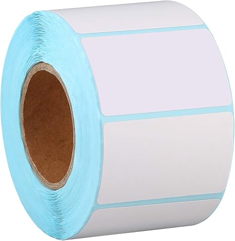 1000 Sheets Self-Adhesive Thermal Shipping Barcode Label Roll Roll of white self-adhesive thermal sticker labels with light blue backing for shipping and barcode printing