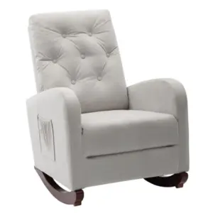 Beige tufted upholstered rocking armchair with side storage pocket, padded recliner glider chair for nursery living room rest
