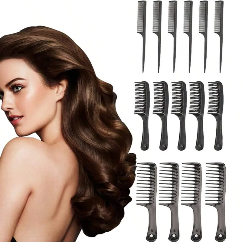 15 Pack Salon Hair Combs Professional Styling Cutting Teasing Comb Set 15-piece black salon hair comb set with teasing, cutting and wide-tooth combs for professional hairstyling display next to wavy model hair