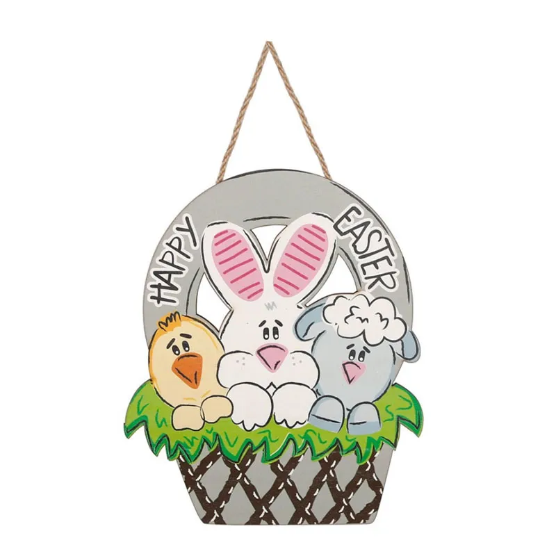 Happy Easter Bunny Chick Sheep Basket Wooden Door Hanging Sign Wooden Happy Easter basket door hanging featuring bunny, chick and sheep cartoon characters for front door holiday decoration