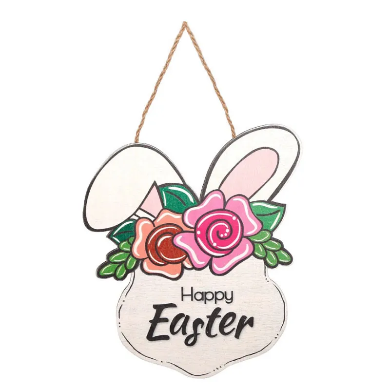 Easter Bunny Floral Wooden Door Hanging Sign with Happy Easter Lettering Wooden Easter hanging sign shaped as bunny ears decorated with roses printed with Happy Easter text for front door seasonal decoration