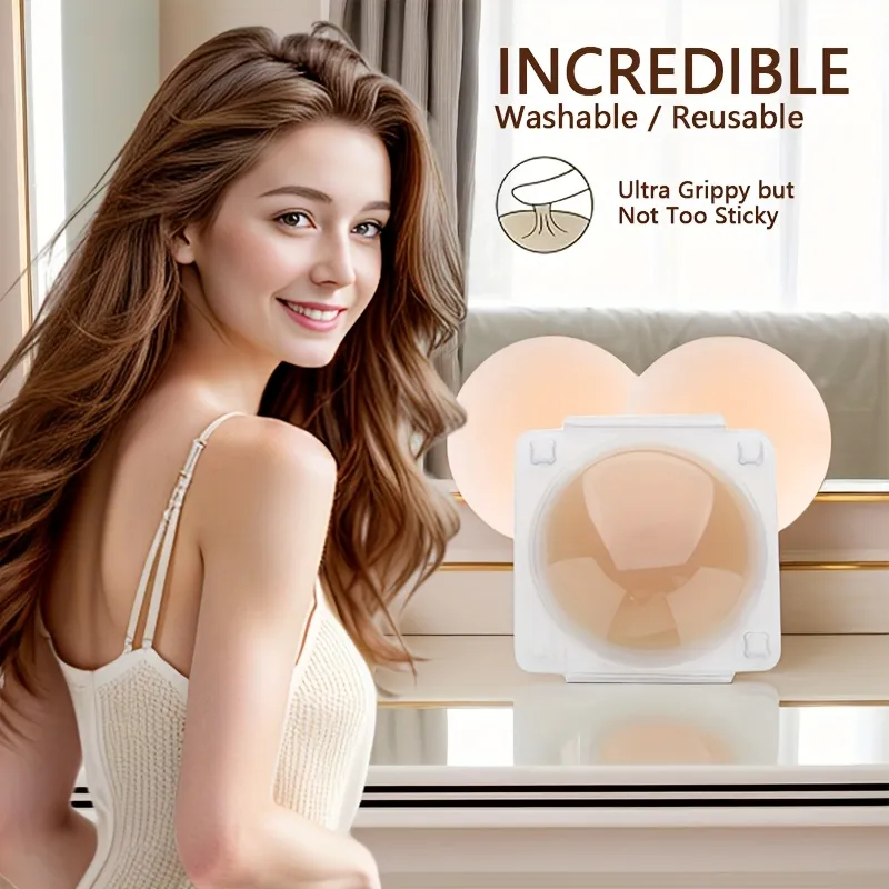 Skin tone reusable invisible self-adhesive nipple pads worn with strapless dress for women outfit coverage