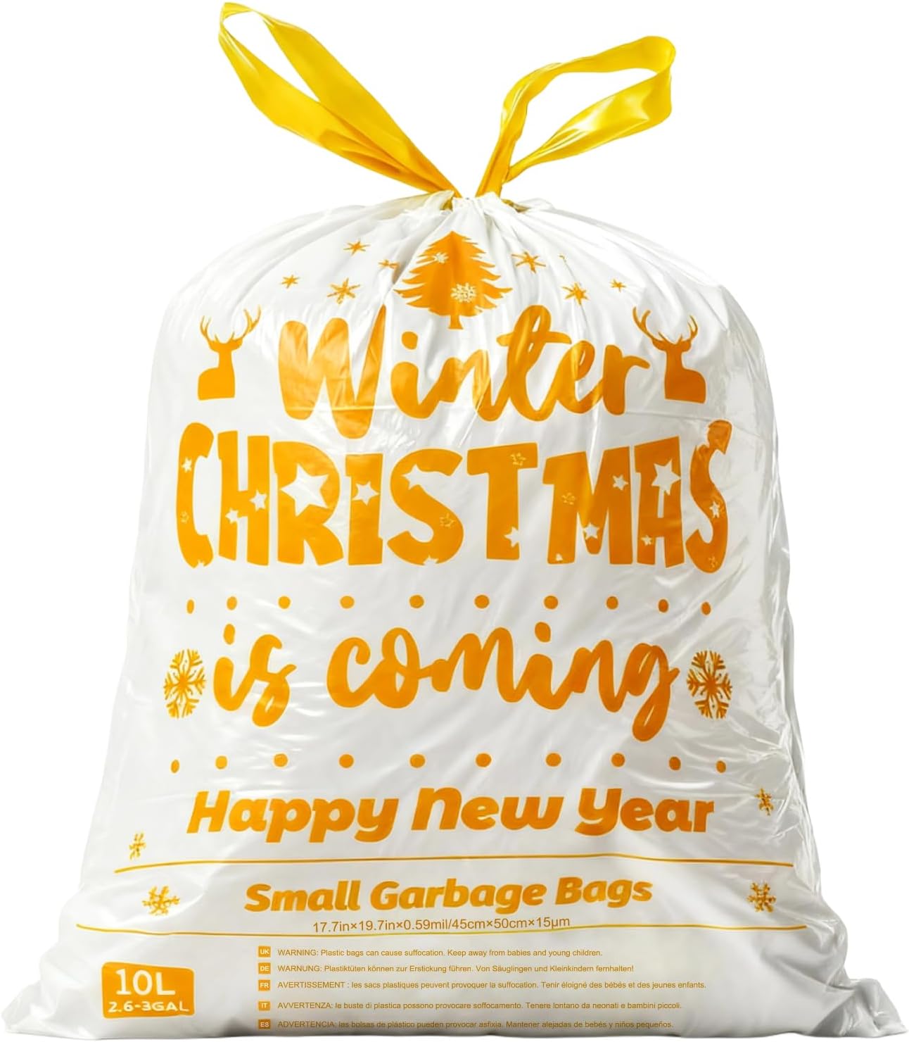 3 Gallon Gold Christmas Drawstring Small Trash Bags 50 Count White small drawstring trash bag printed with golden Christmas winter holiday pattern for bathroom and kitchen waste bin