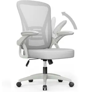 Light gray mesh ergonomic office chair with flip up armrest height adjustable for home desk work study