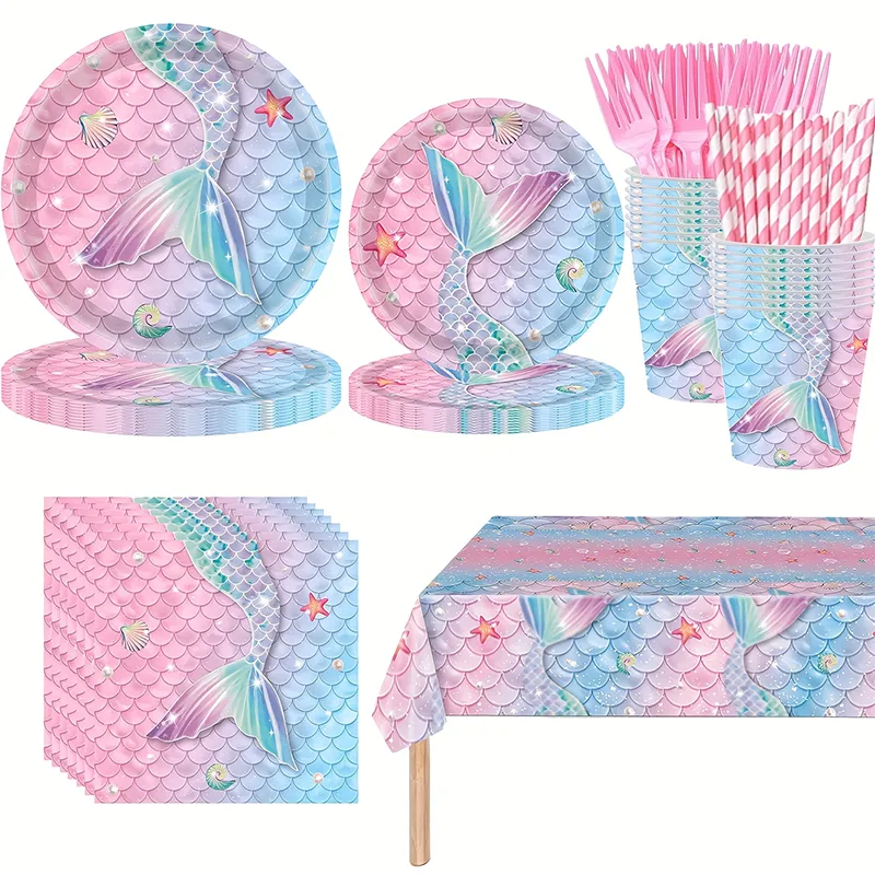 Pastel Mermaid Tail Themed Party Supplies, Complete Disposable Table Decor Kit for Kid Party Pastel mermaid tail disposable party tableware set, paper plates cups napkins tablecloth for girls mermaid birthday party decor