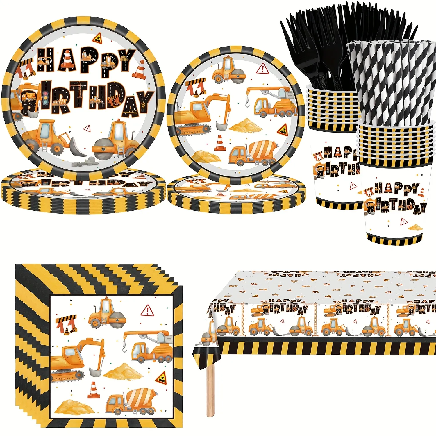 Construction Truck Kids Birthday Disposable Tableware Party Set Construction Truck Themed Disposable Birthday Party Tableware Set, Paper Plates Cups Napkins Tablecloth for Kids Boy Birthday Decorations