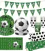 Green field style football themed party kit including pennant banner, paper plates, disposable cups and printed tablecloth for kids soccer birthday party decoration