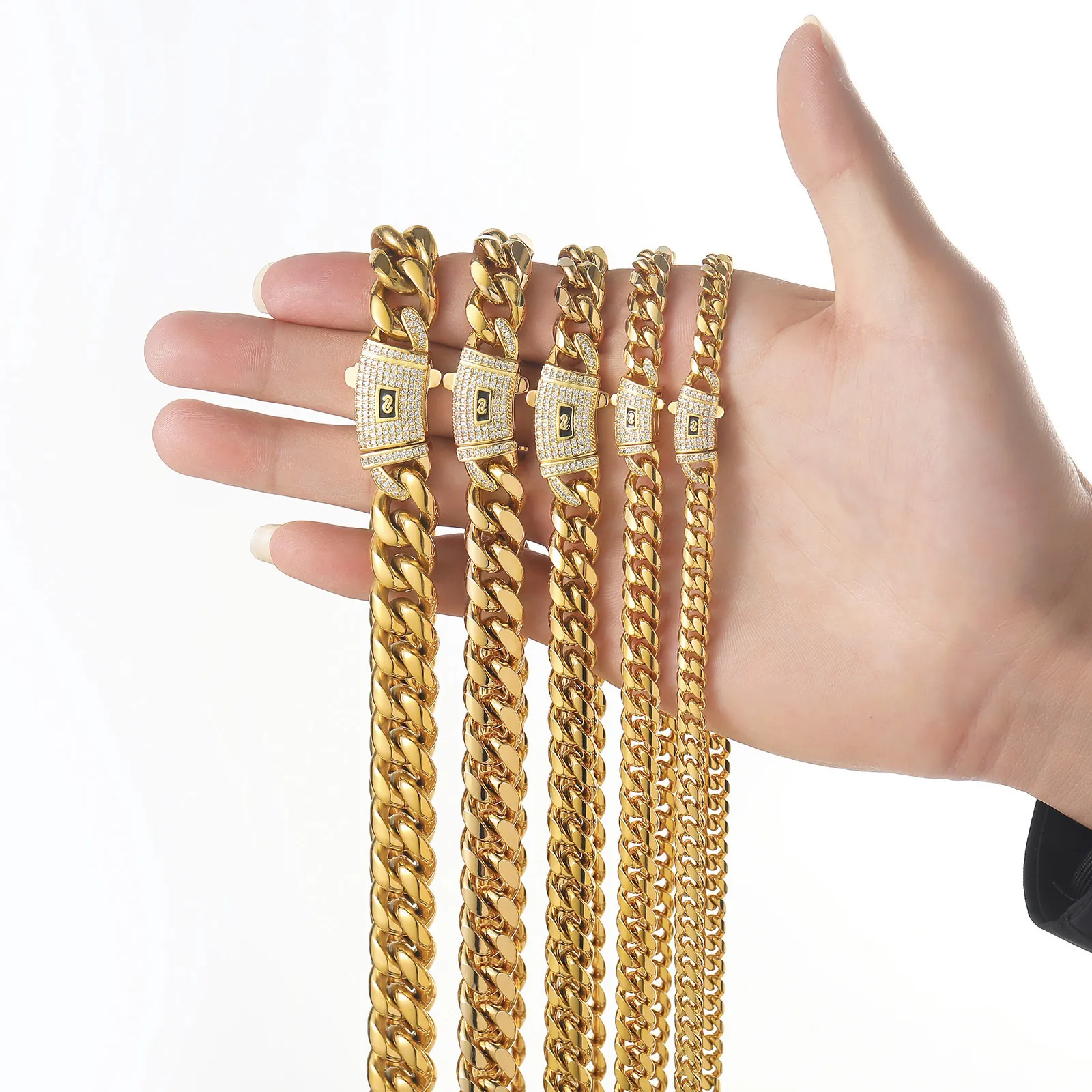 Multi Size Gold Stainless Steel Miami Cuban Link Chain For Men Multi Width Gold Plated Miami Cuban Link Chain, Stainless Steel Thick Curb Necklace for Men Hip Hop Daily Jewelry
