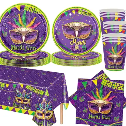 Purple Mardi Gras masquerade mask printed disposable party tableware set including paper plates, drinking cups, napkins and plastic table cover for carnival celebration table decor