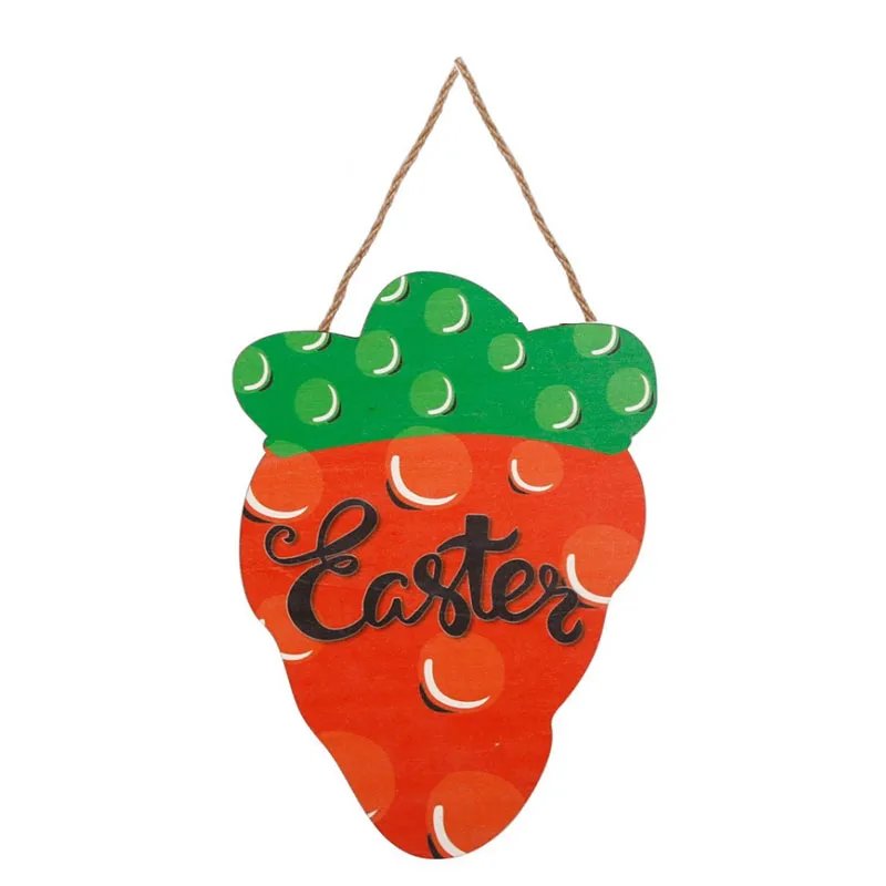 Strawberry Shaped Easter Wooden Door Hanger Wall Decor Sign Red strawberry shaped wooden Easter hanging sign with printed Easter letter and jute rope for front door spring holiday decoration