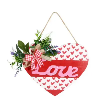 Red and white heart shaped wooden love sign with artificial greenery, plaid bow and jute hanging rope for Valentine front door wall decoration