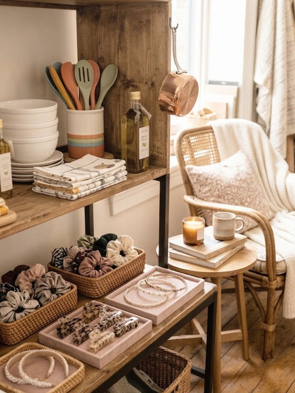 Rustic wooden shelves organized with kitchenware, scrunchies, and hair accessories beside a cozy wicker armchair.