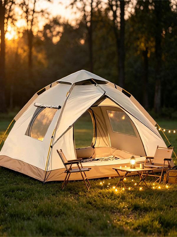 A pop-up camping tent set up in a grassy clearing at sunset, decorated with warm string lights, camp chairs, and a small table.