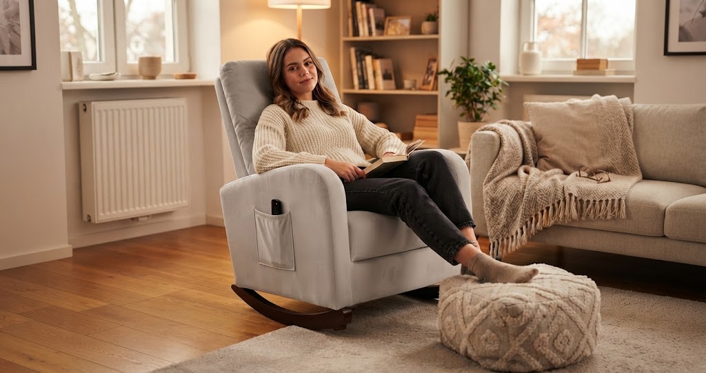 Cozy modern nursery room interior with a comfortable rocking chair